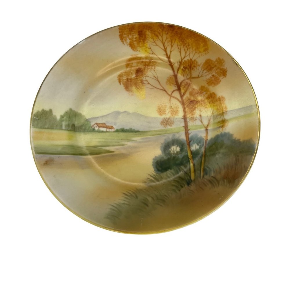 Handpainted Nippon Bread Plate Farm Scene Mountains "M" Backstamp 6.5" Porcelain
